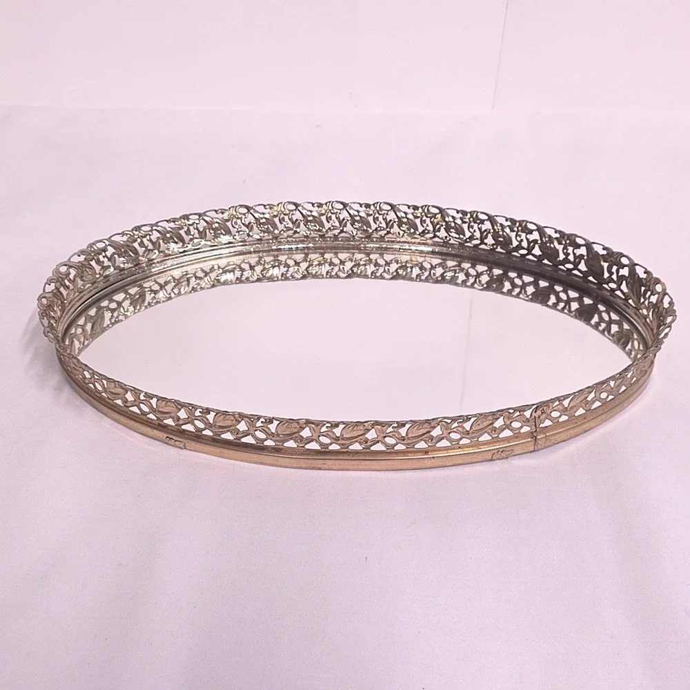Vintage Vanity Tray Gold Oval Mirrored Filigree Ornate Hollywood Regency